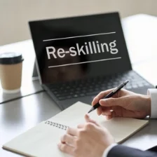 Re-skillingの画面を見ながらノートにメモしている手